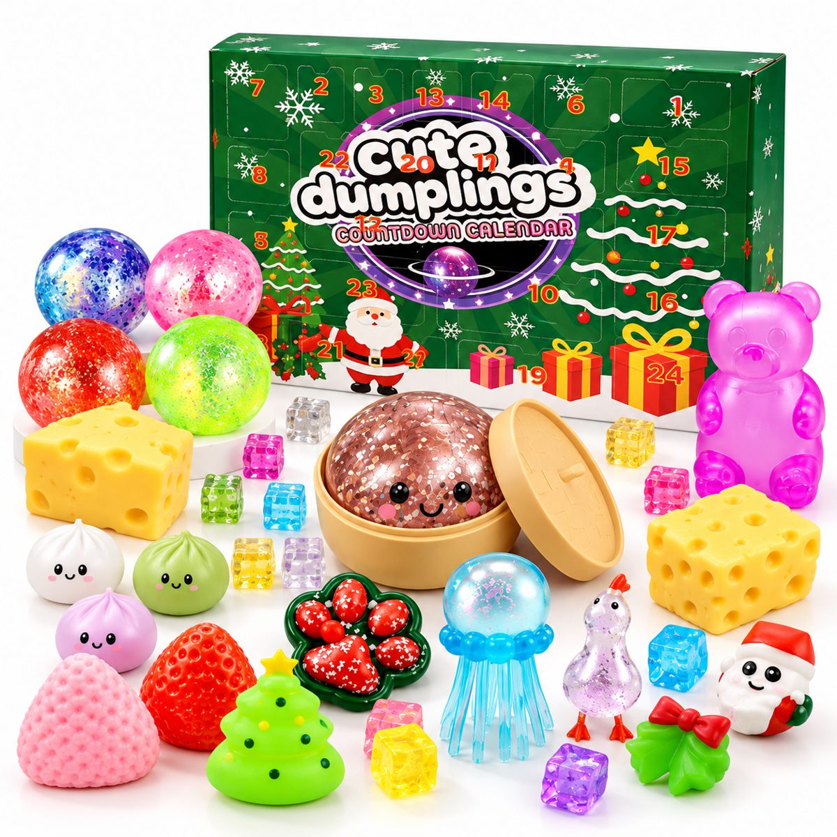 Squishmas calendar and squishies on a clean white background