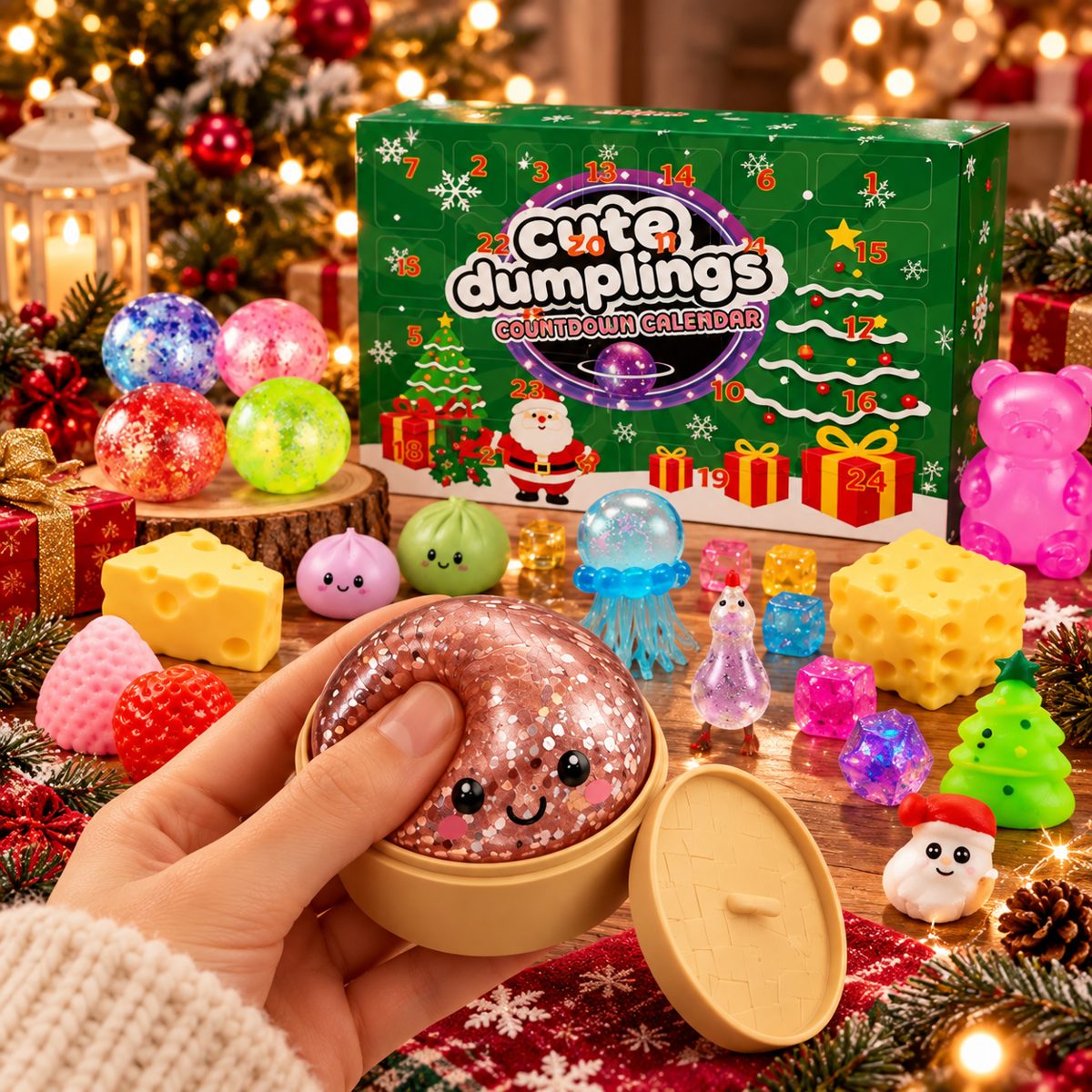 Hand squishing the glitter dumpling squishy in front of the calendar