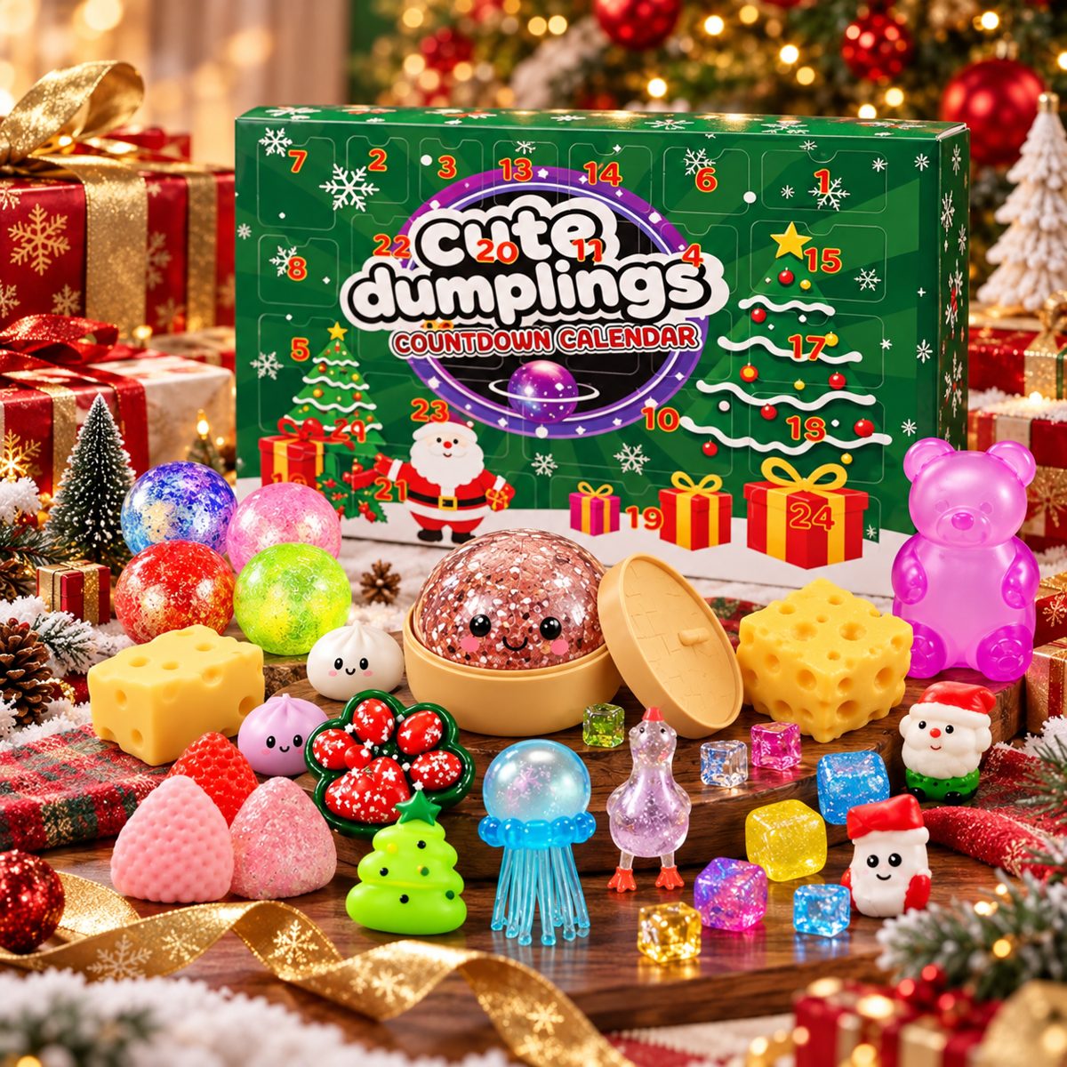 Squishmas calendar surrounded by Christmas gifts and squishies
